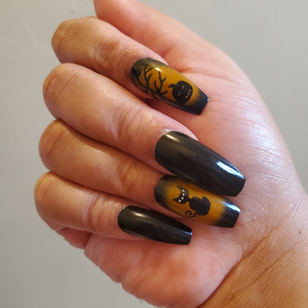 🍒🍒 Black Cat Halloween Theme Press On Nails